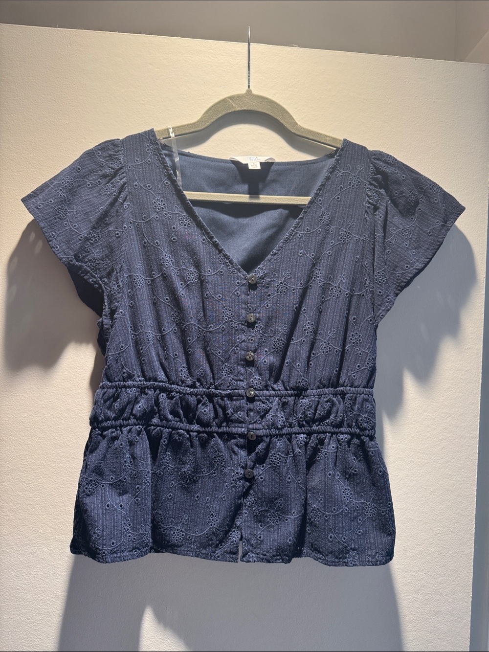 Time and Tru Navy Eyelet Peplum Button-Front Top
